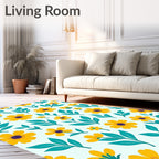 Yellow Floral Teal Leaf Pattern Rug