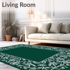 Elegant White Leaf Scroll Border Rug