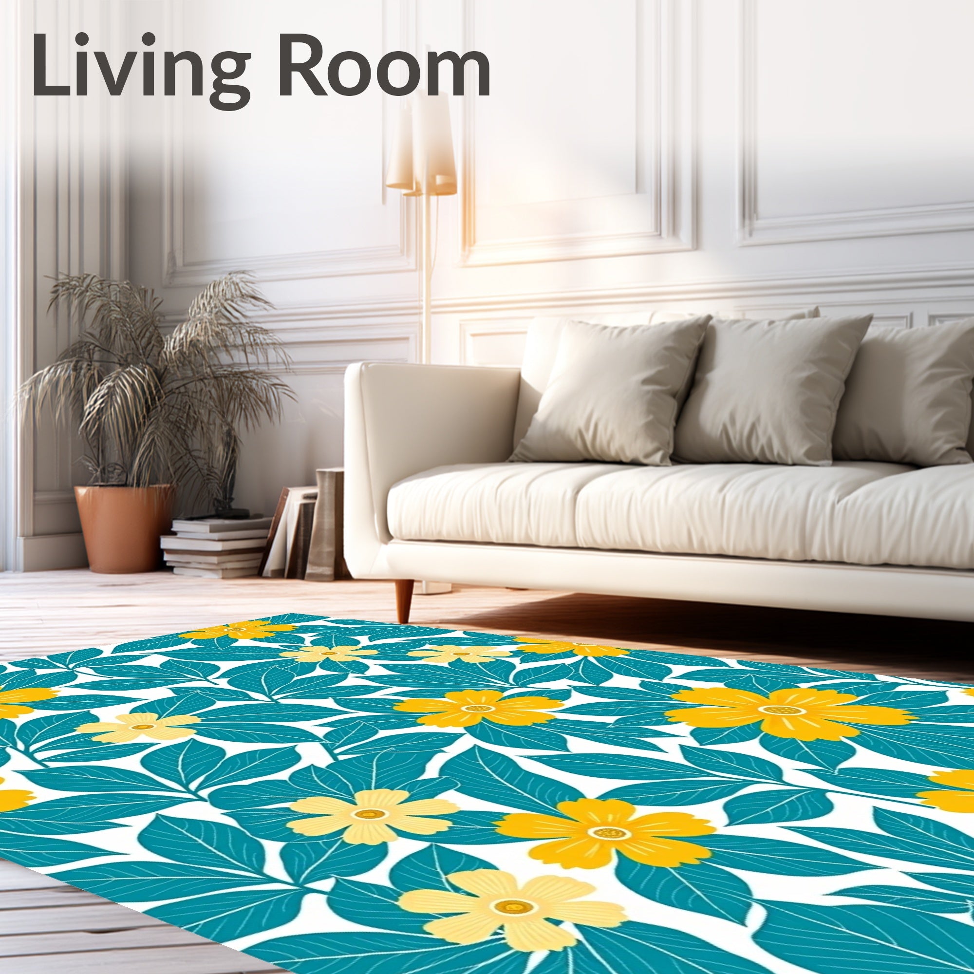 Lush Teal and Yellow Floral Pattern Rug