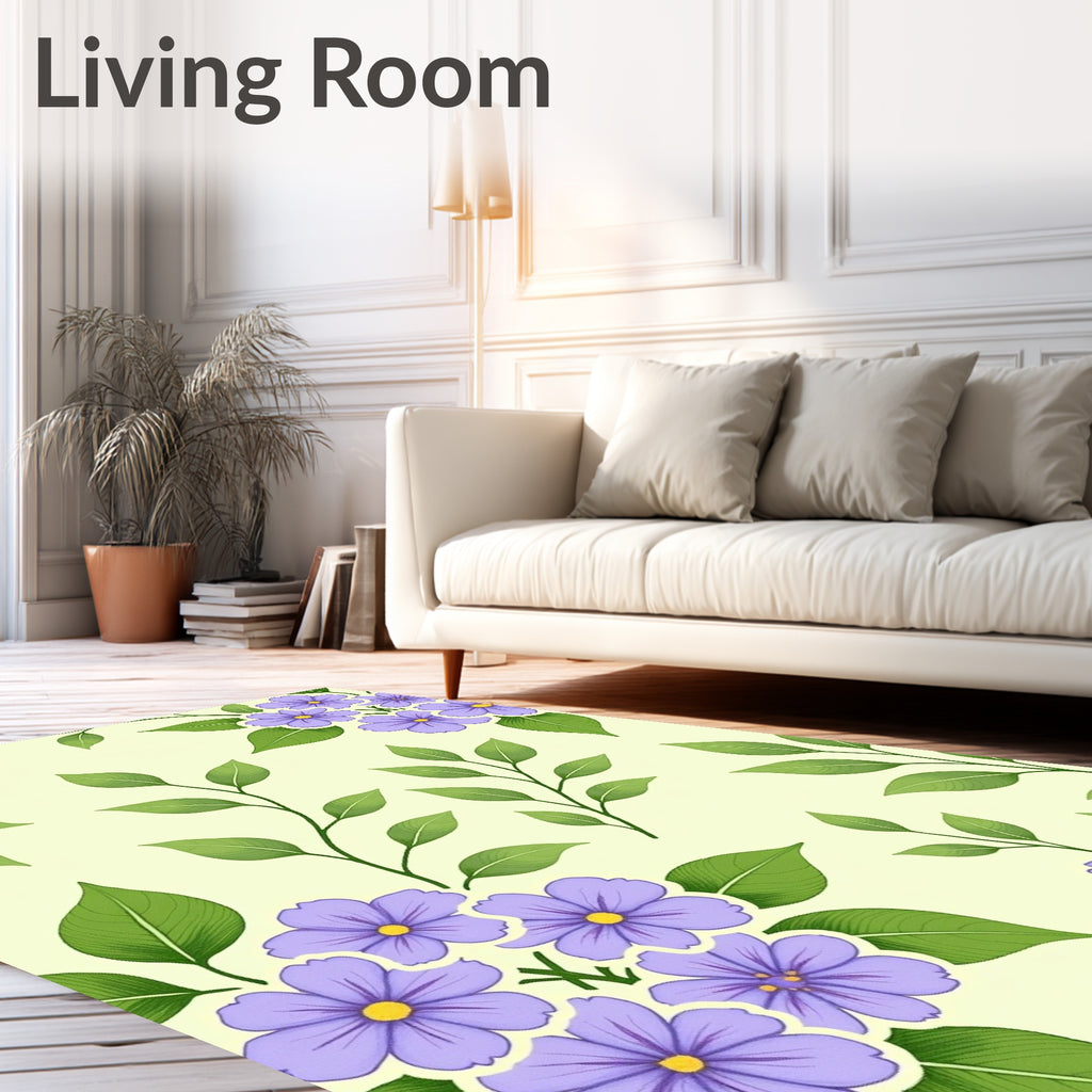 Delicate Purple Flowers Green Leaves Rug