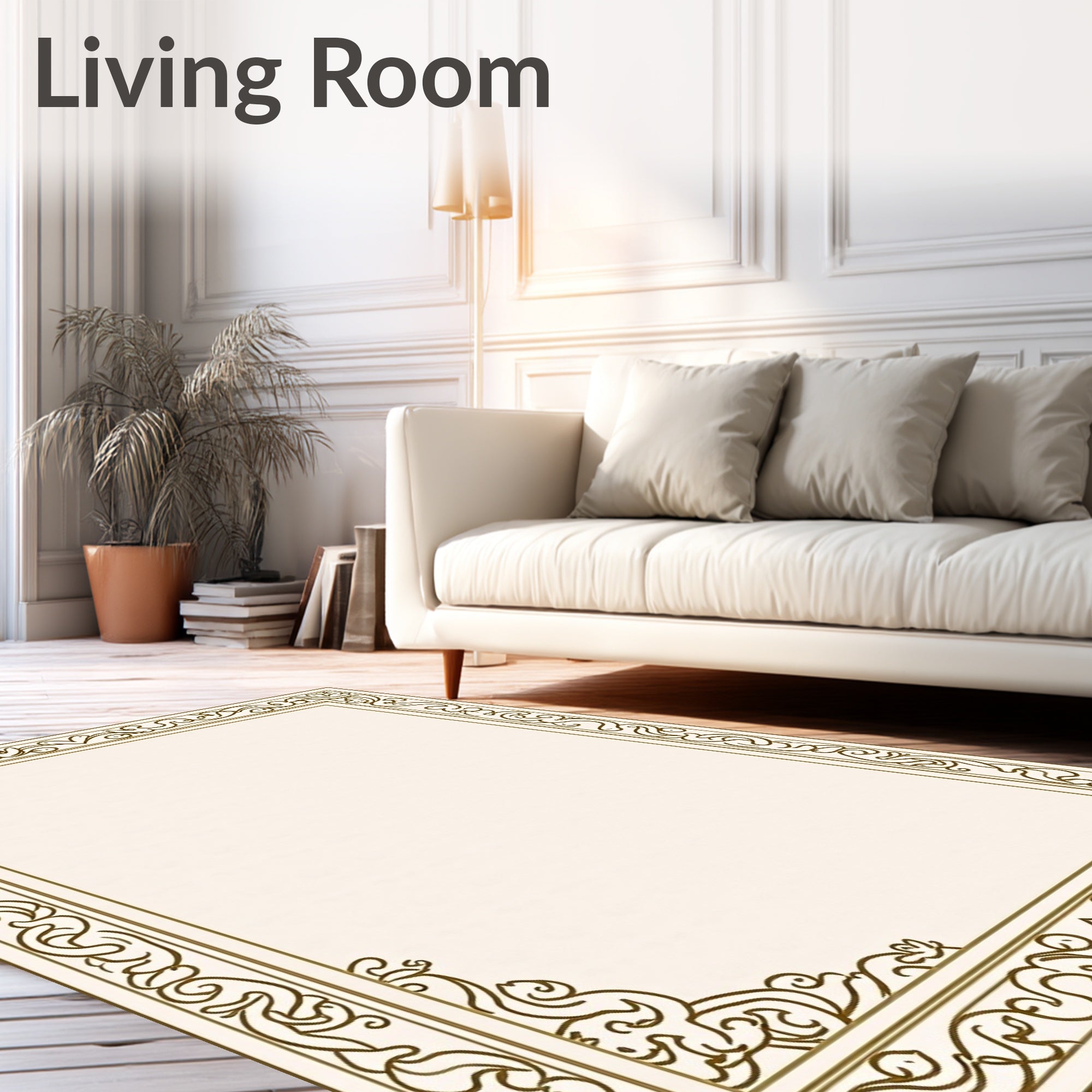 Ornate Damask Scroll Border Design Rug