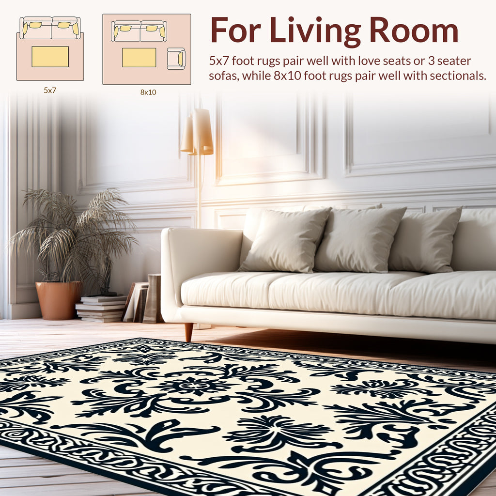 Elegant Scrollwork and Floral Damask Design Rug