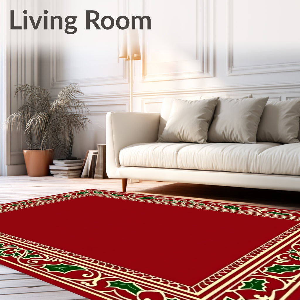 Festive Red Holly Border Design Rug