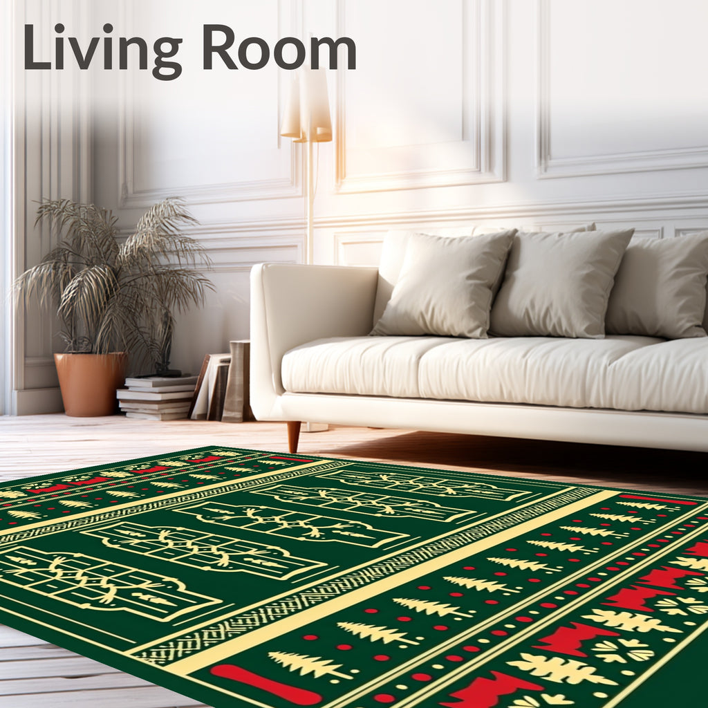 Festive Green Yellow Red Geometric Motif Rug