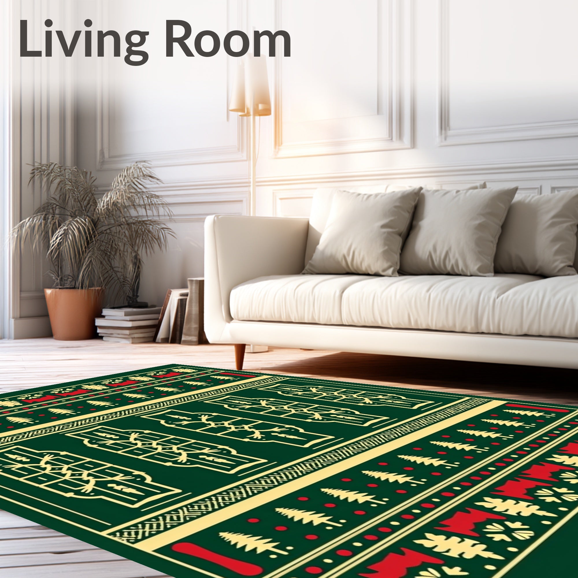 Festive Green Yellow Red Geometric Motif Rug