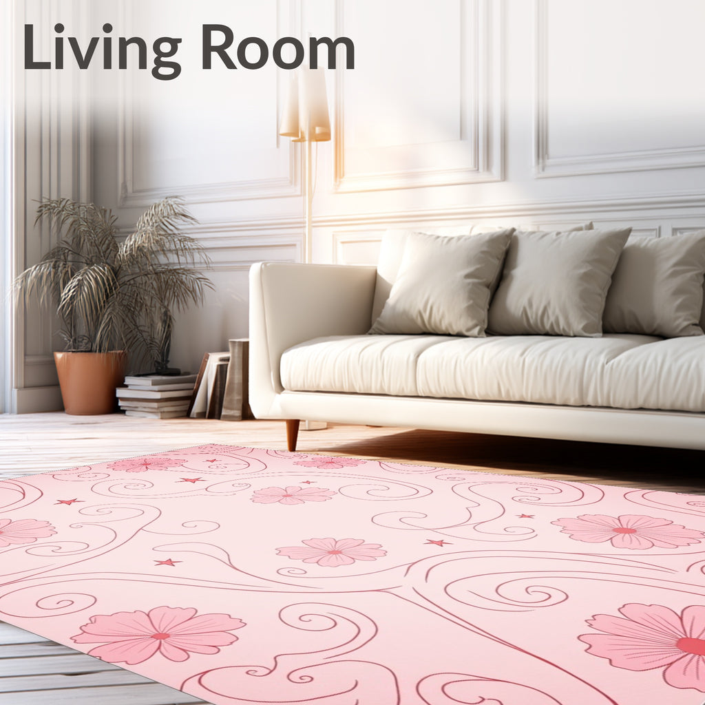 Charming Pink Floral Swirls Design Rug