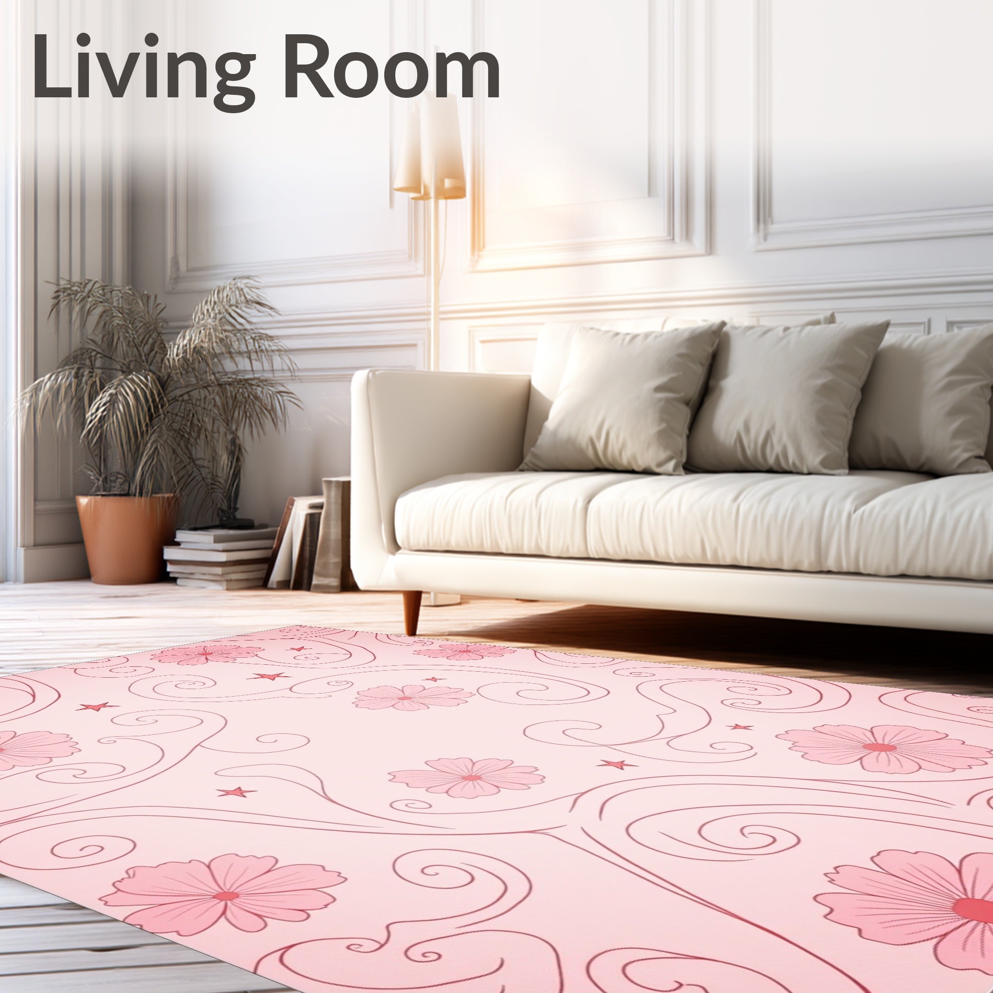 Charming Pink Floral Swirls Design Rug