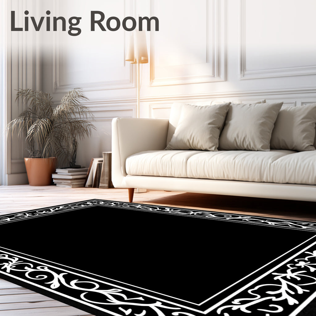 Black White Scrollwork Floral Border Rug