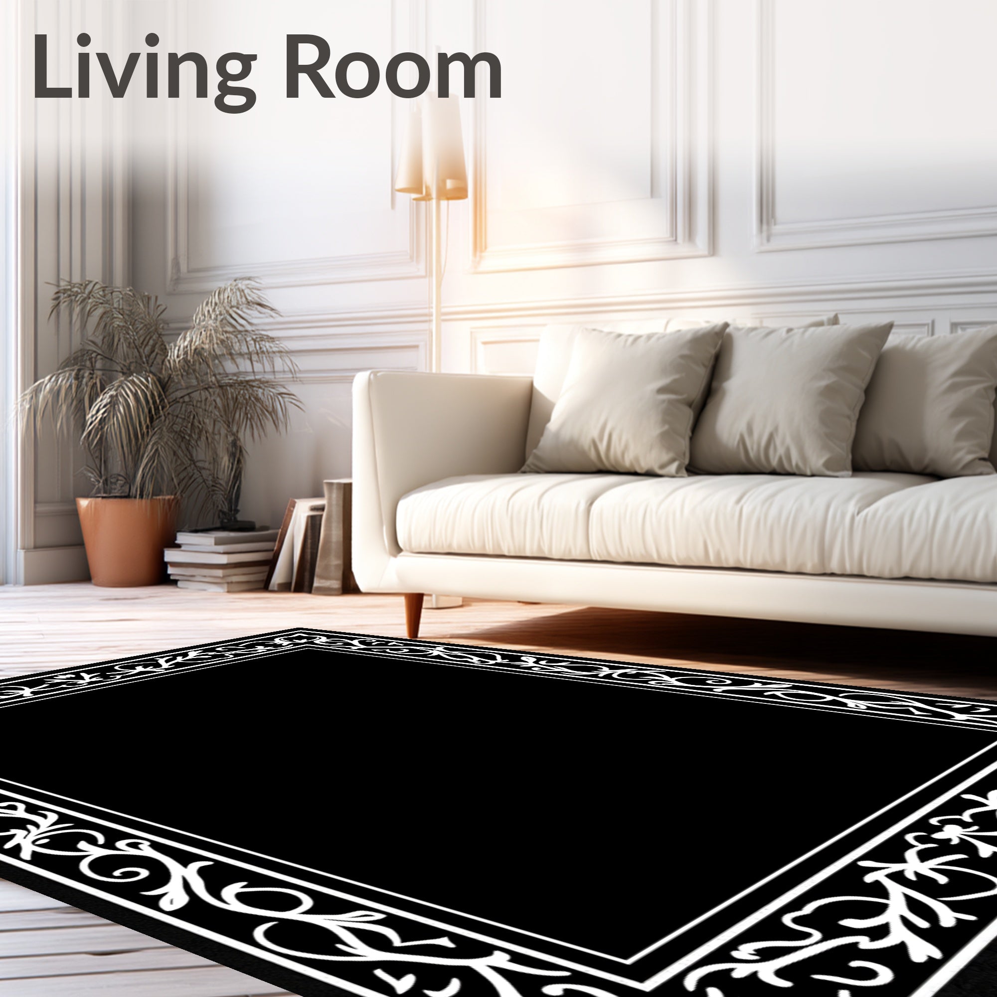 Black White Scrollwork Floral Border Rug