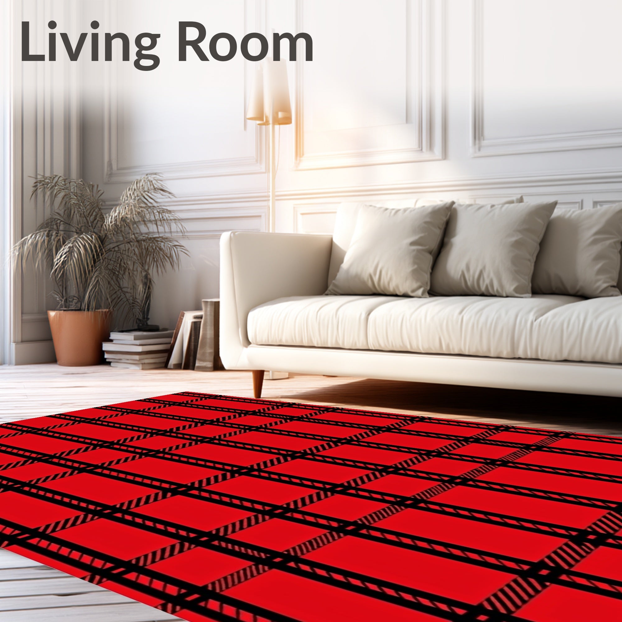 Bold Red Black Plaid Design Rug