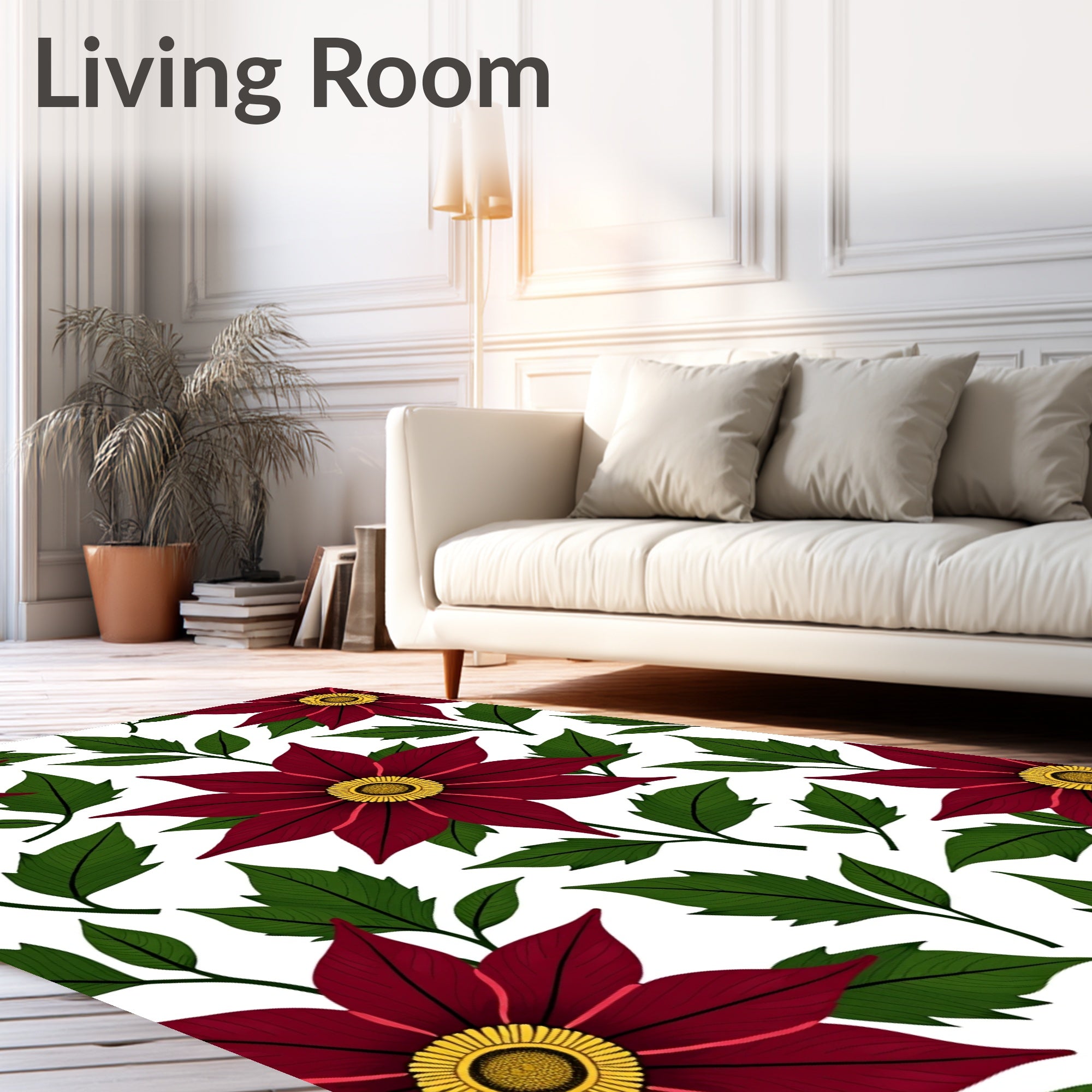 Deep Red Floral Botanical Pattern Rug