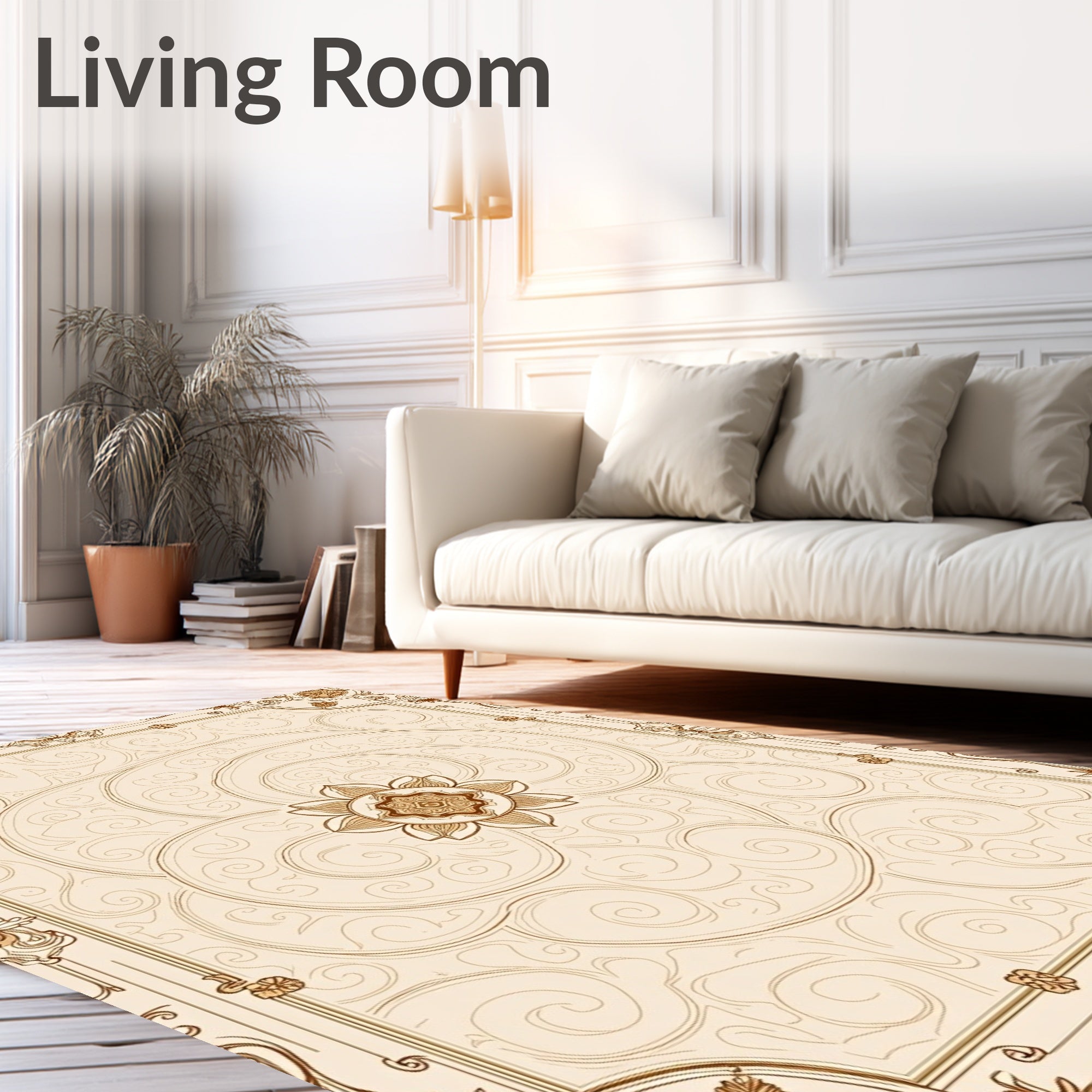 Cream Medallion Swirl Botanical Frame Rug