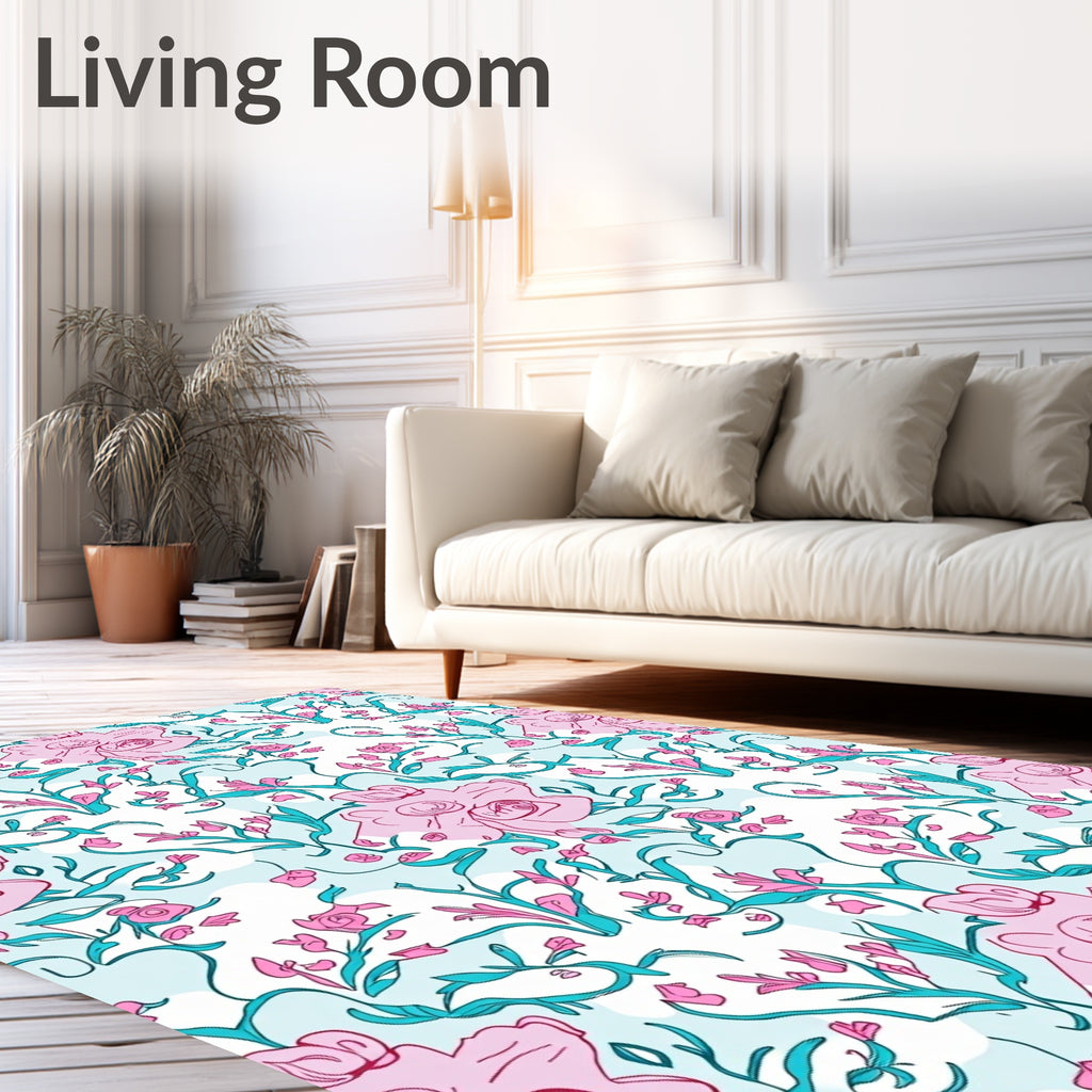 Whimsical Pink Floral Vines Design Rug