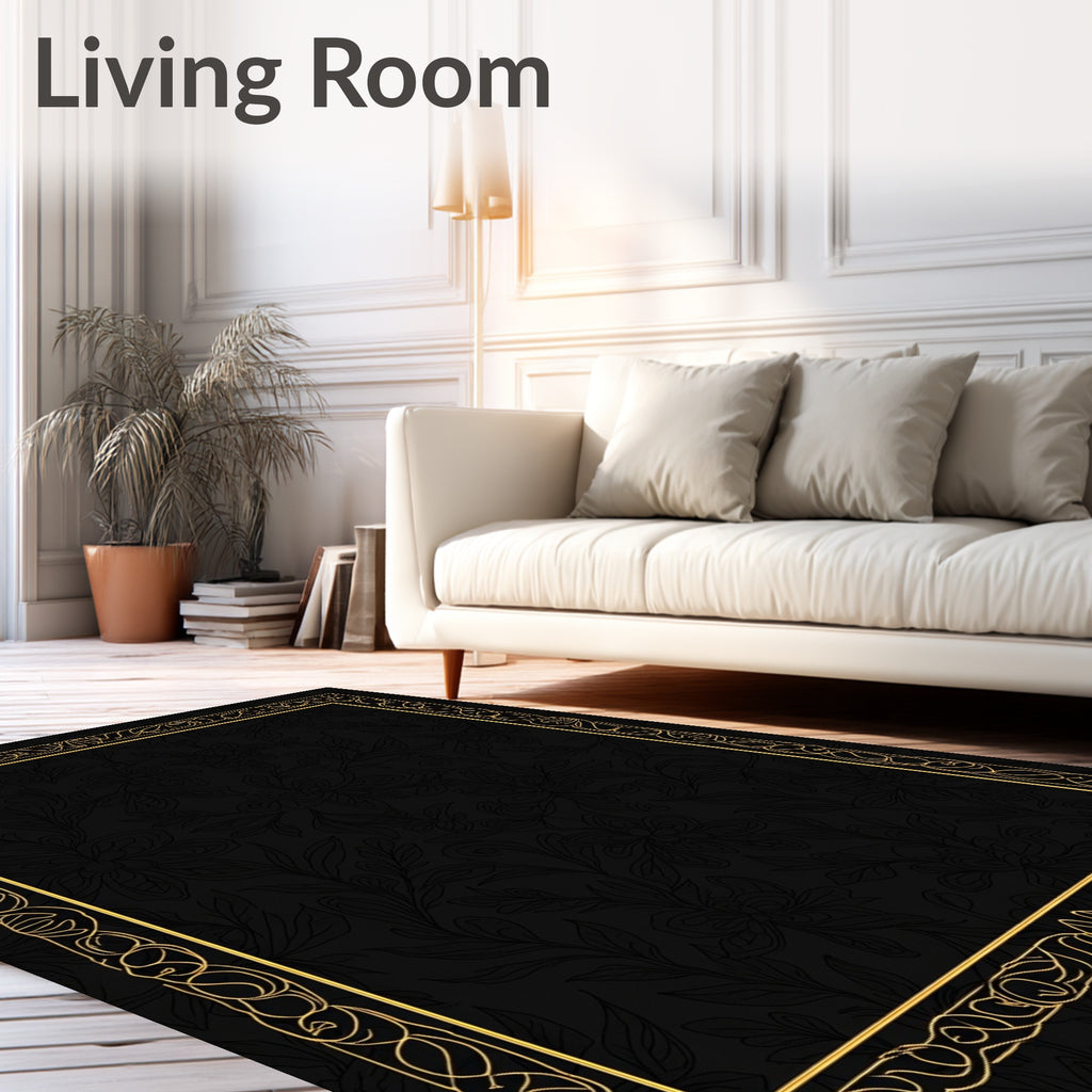 Black Floral With Gold Detailed Border Rug