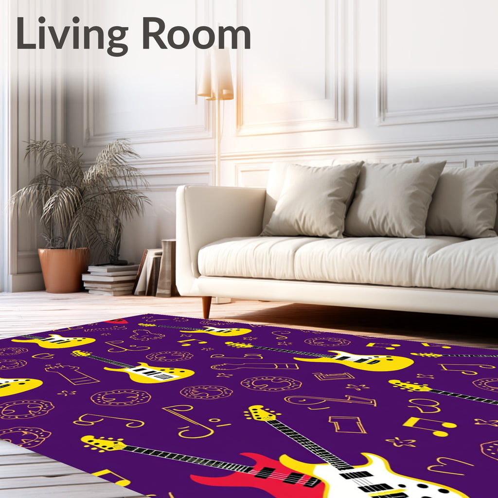 Yellow Electric Guitars Musical Notes Pattern Rug