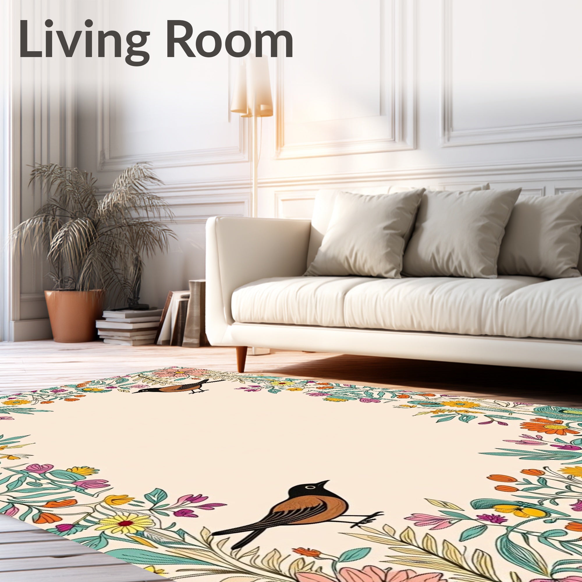 Whimsical Floral Birds Design Frame Rug