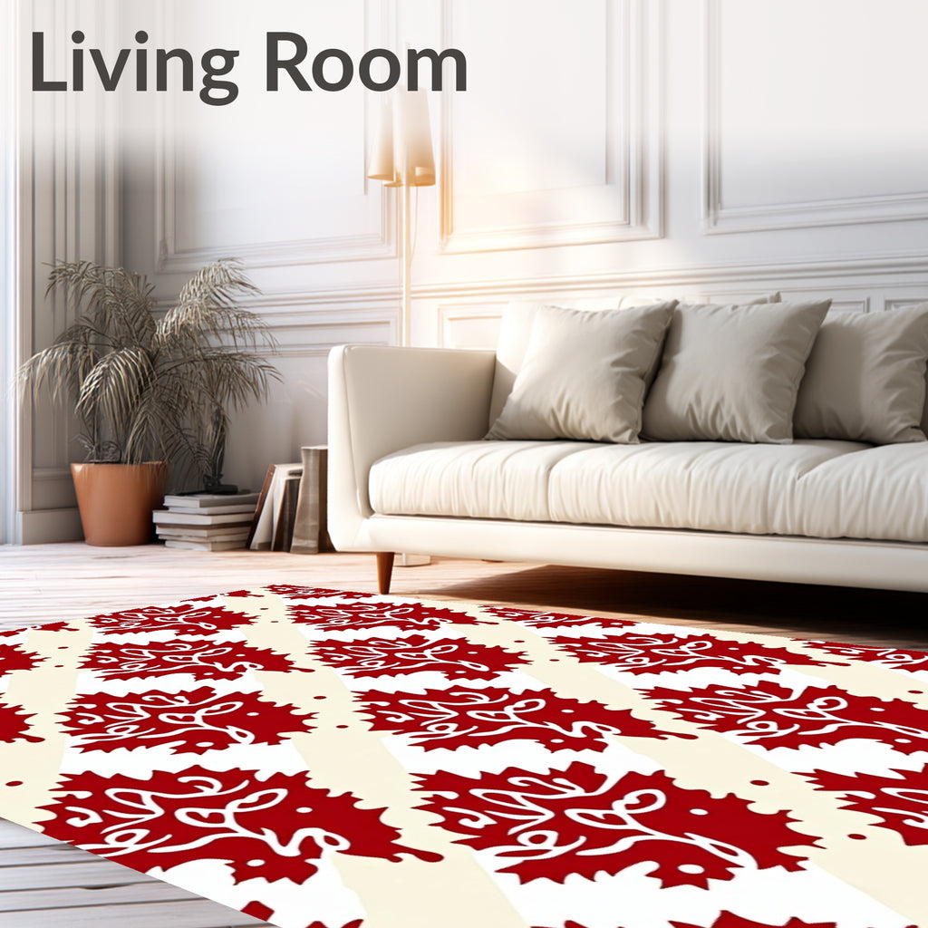 Red White Leafy Diagonal Pattern Rug