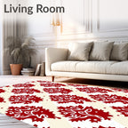 Red White Leafy Diagonal Pattern Rug