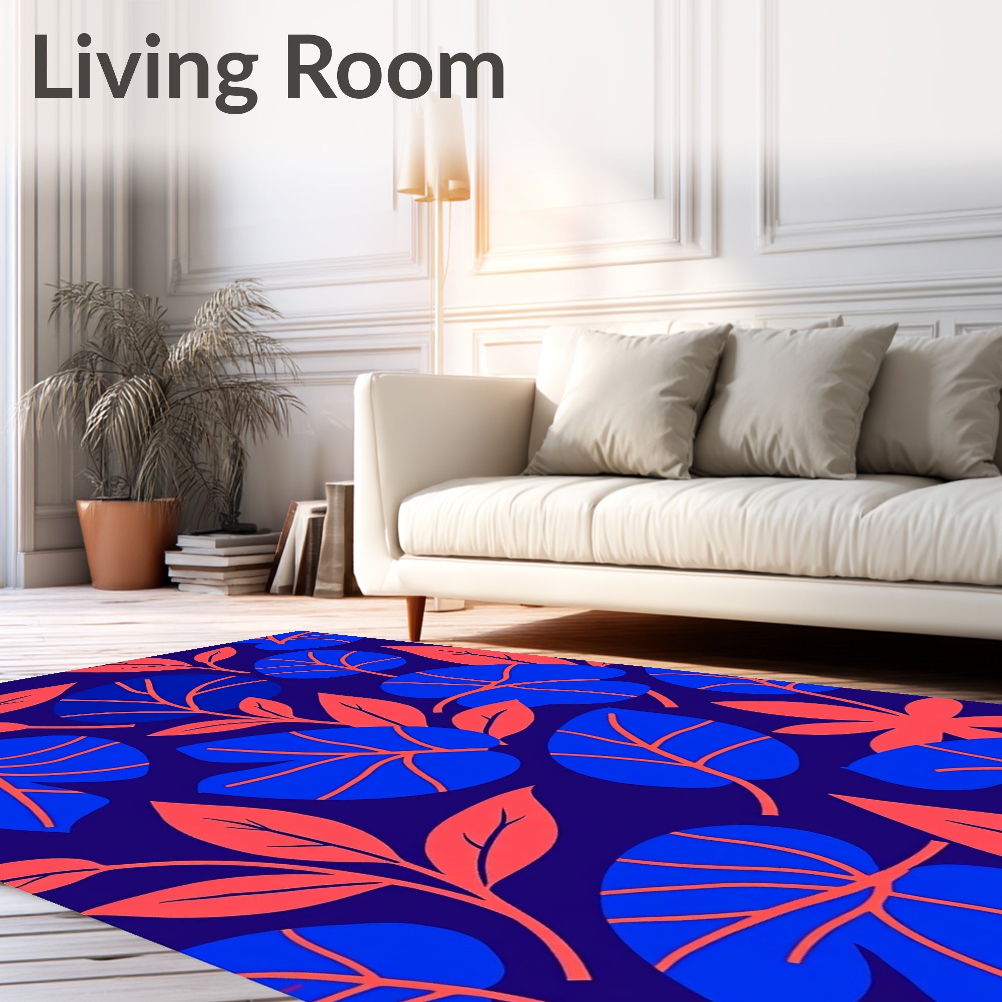 Tropical Leaf Pattern Red Blue Rug