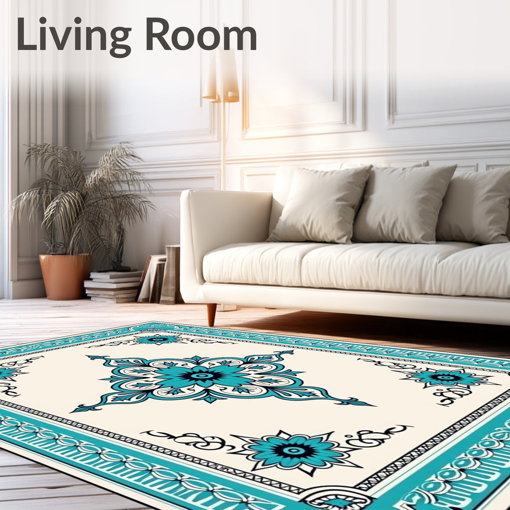 Turquoise Floral Mandala Border Rug