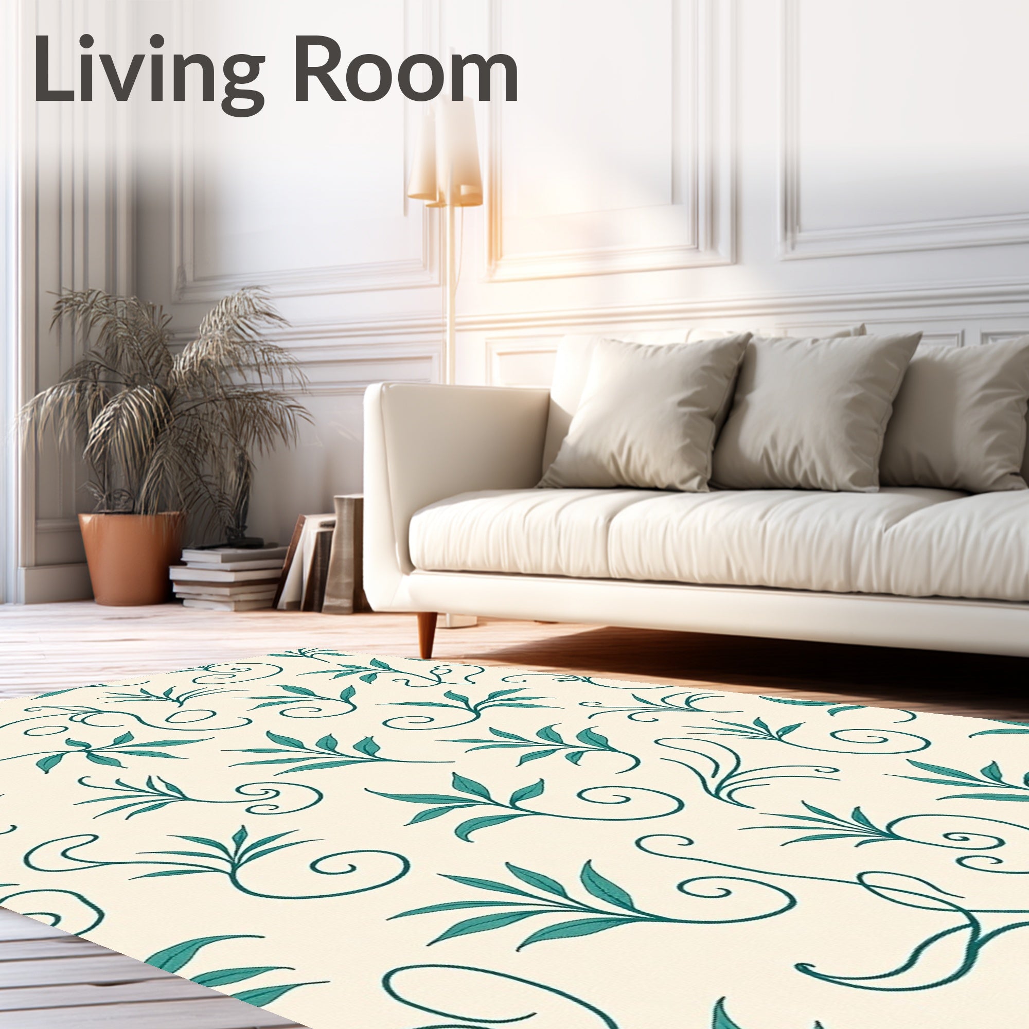 Delicate Teal Leaf Flourish Pattern Rug