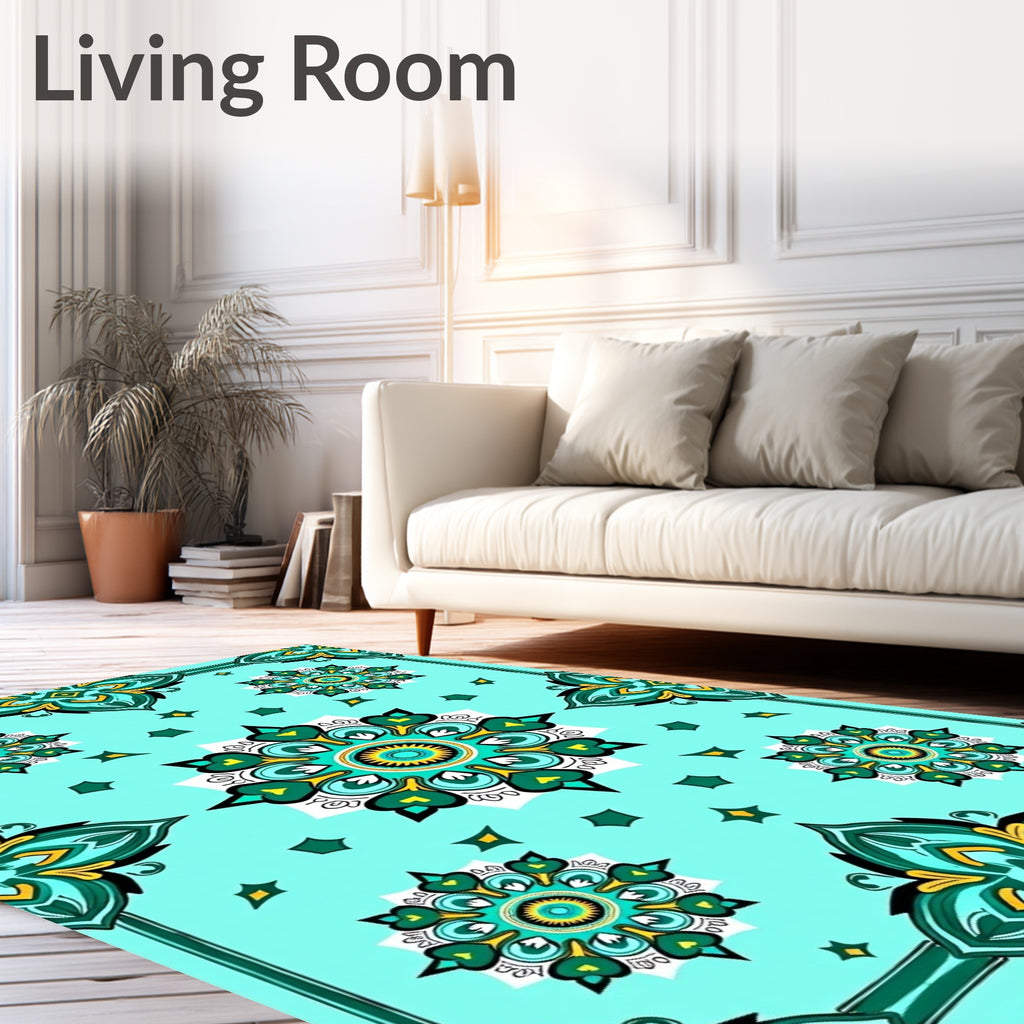Aqua Teal Medallion Border Design Rug