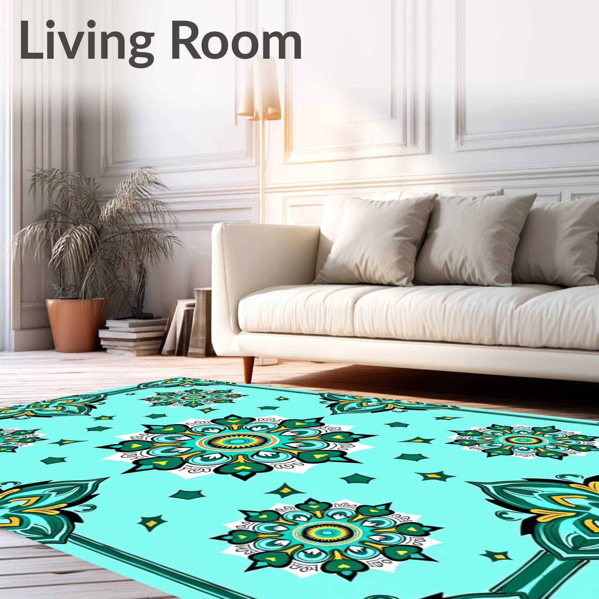 Aqua Teal Medallion Border Design Rug