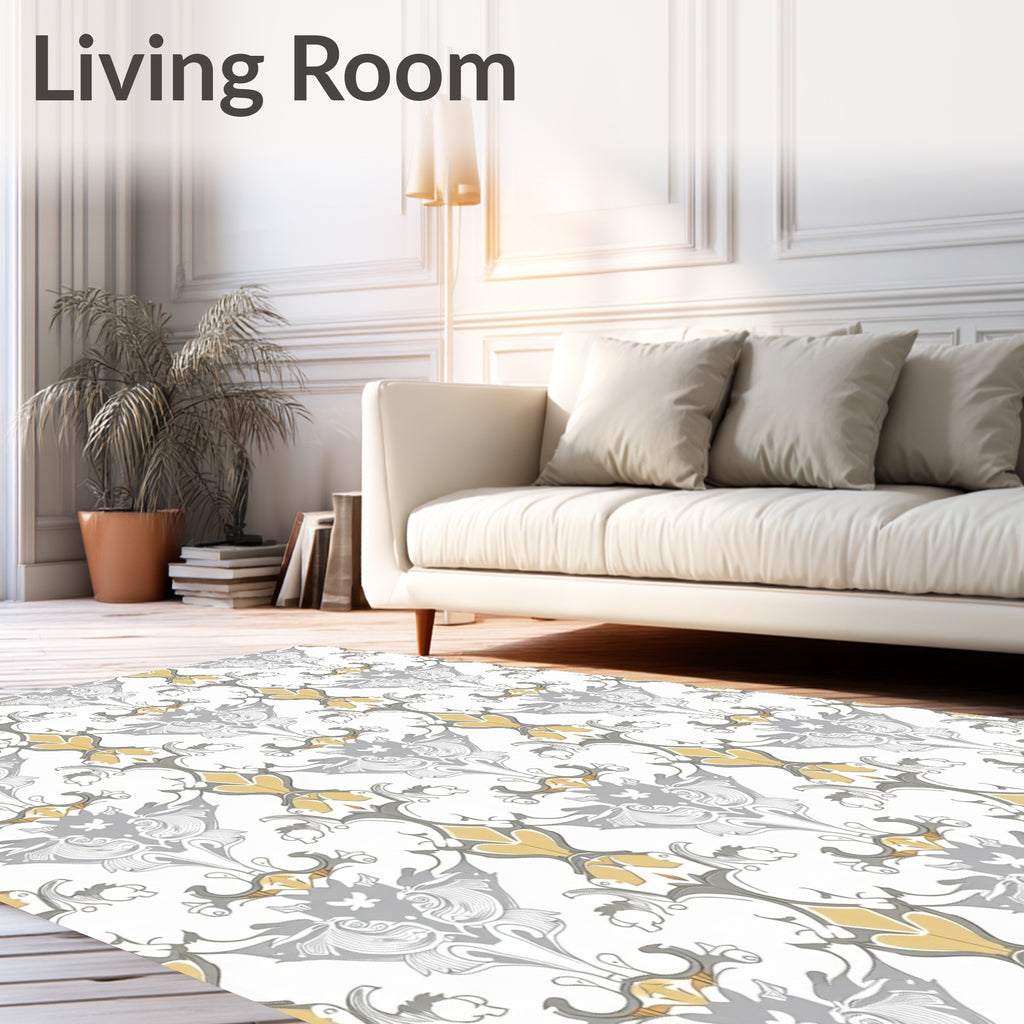 Ornate Gold Gray Floral Damask Rug