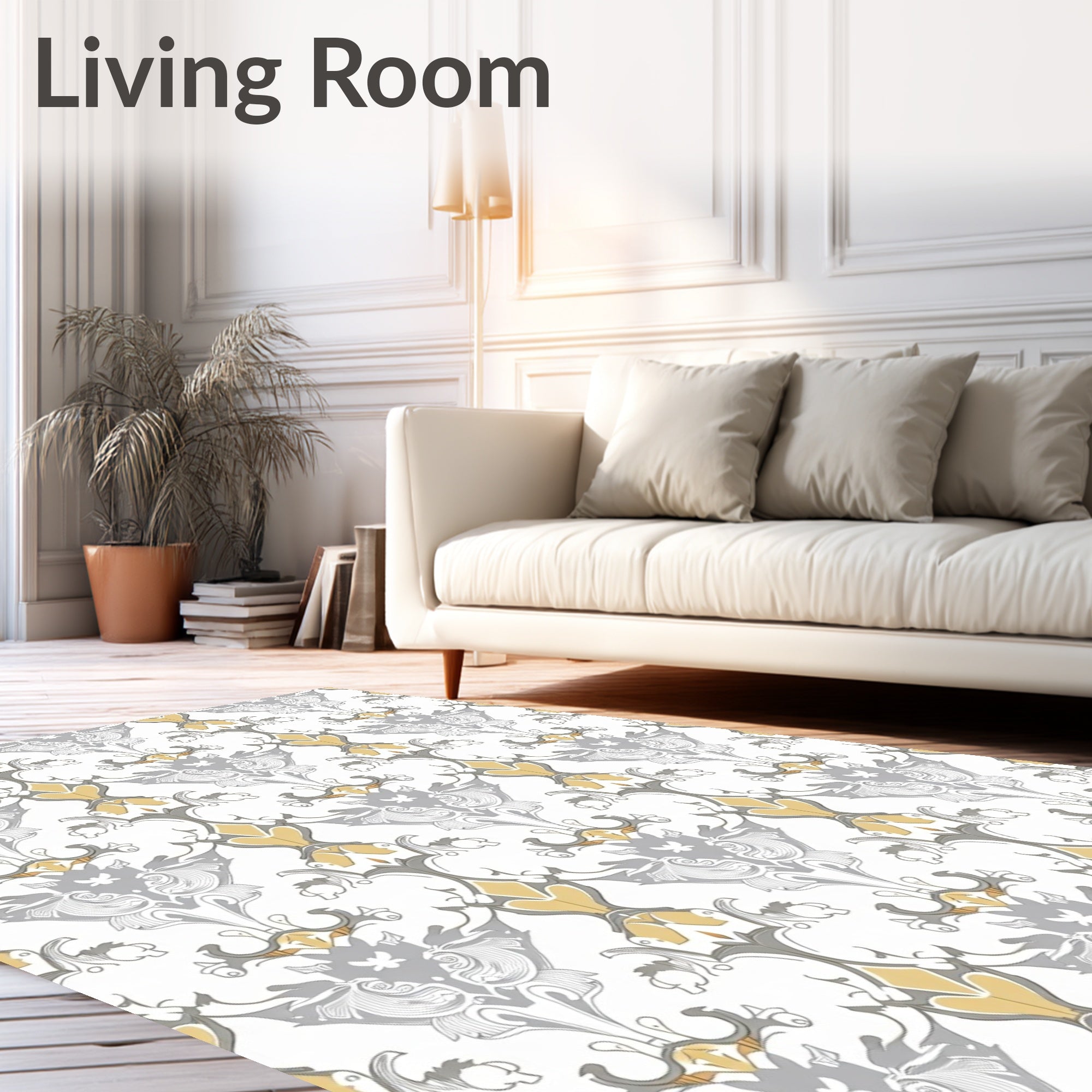 Ornate Gold Gray Floral Damask Rug