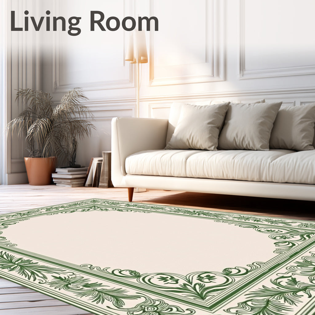 Elegant Green Floral Scrollwork Frame Rug