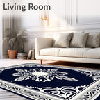 Elegant White Floral Dark Blue Rug