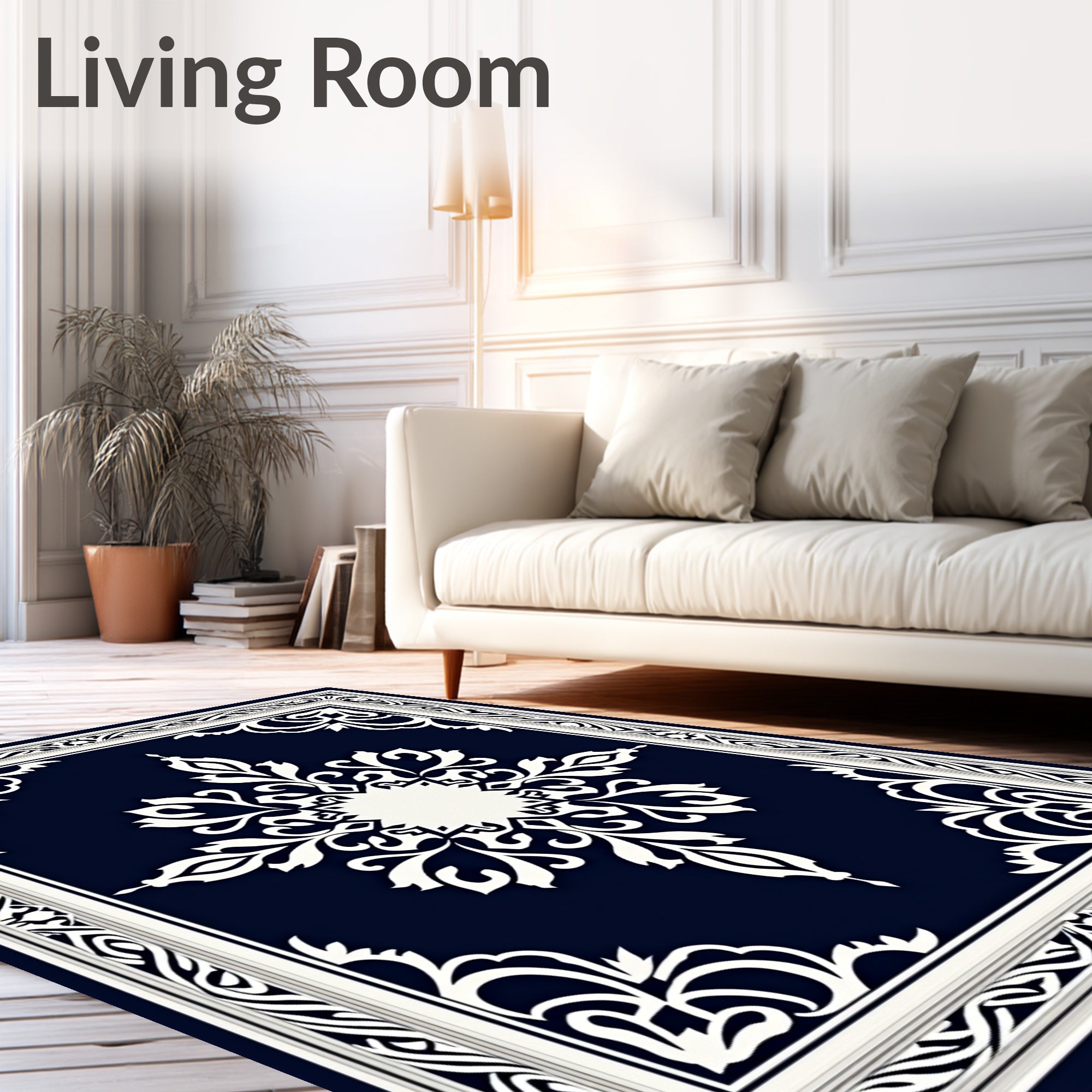 Elegant White Floral Dark Blue Rug