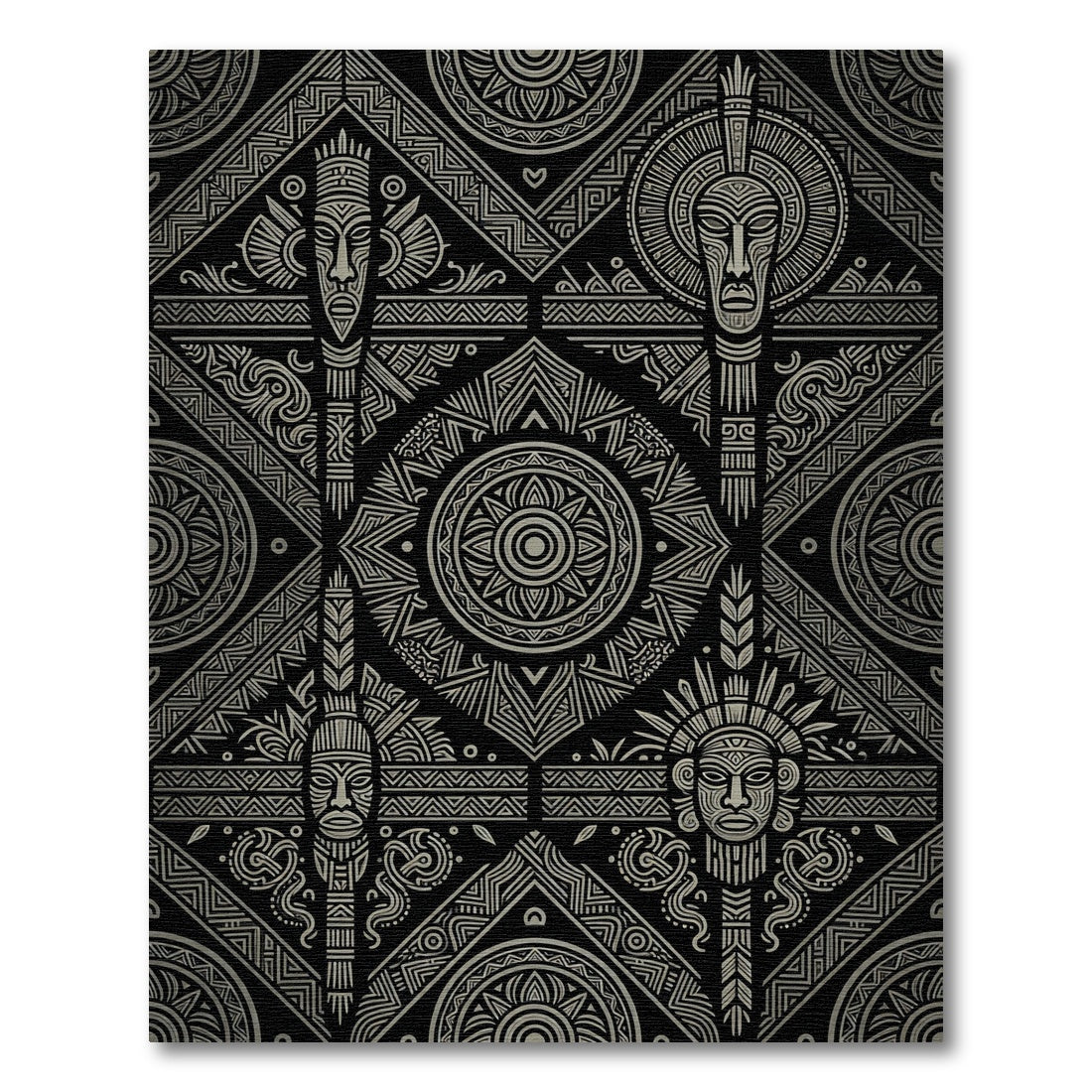 Tribal Mask Geometric Grey Pattern Rug