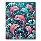 Whimsical Pink Dolphin Ocean Wave Art Rug
