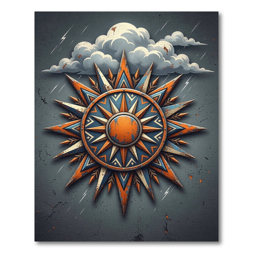 Weathered Orange Blue Celestial Compass Rug