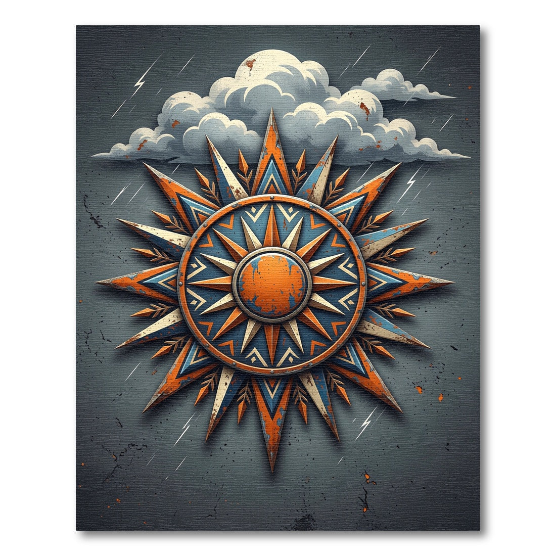 Weathered Orange Blue Celestial Compass Rug