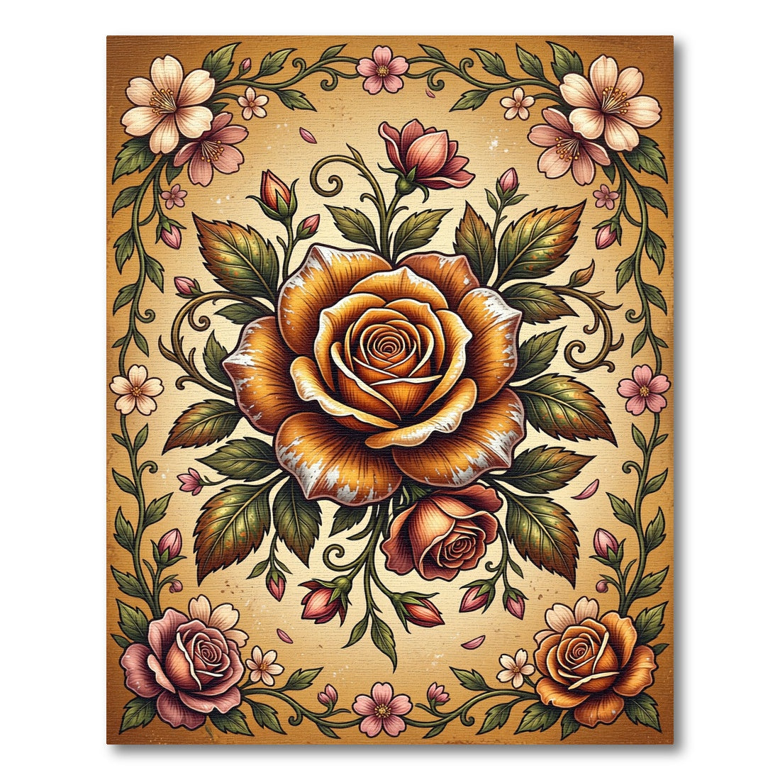 Antique Golden Rose Floral Bouquet Rug