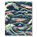 Japanese Wave Indigo Salmon Art Rug