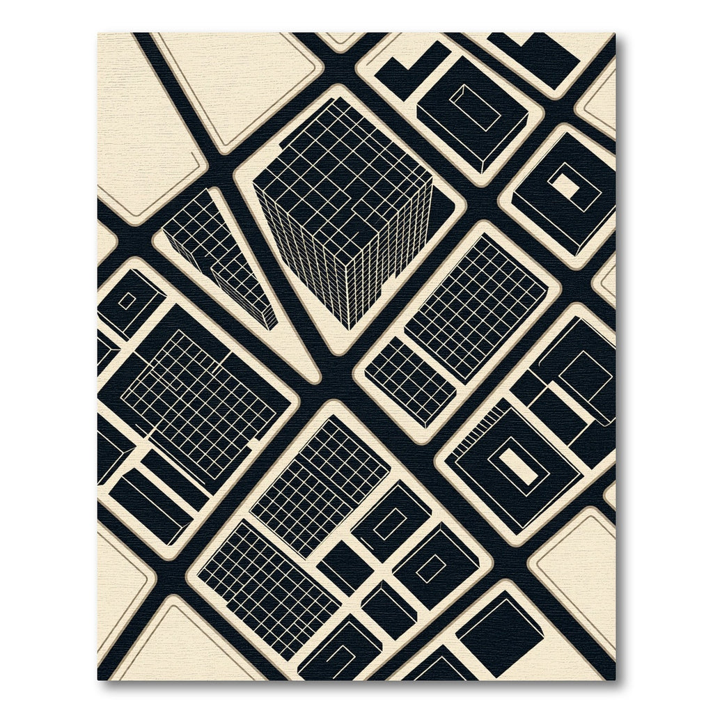Modern Black and Cream Architectural Grid Rug