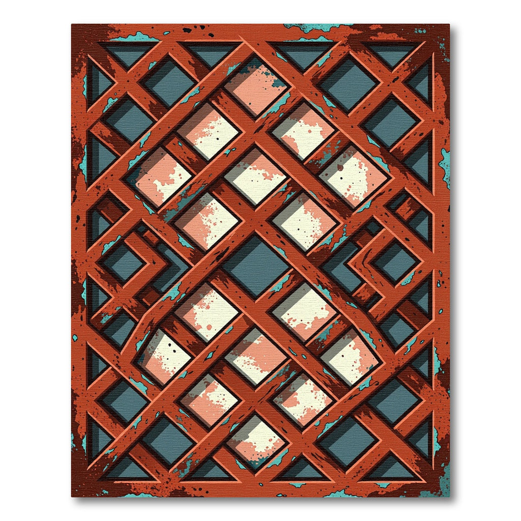 Distressed Copper Lattice Geometric Grid Rug