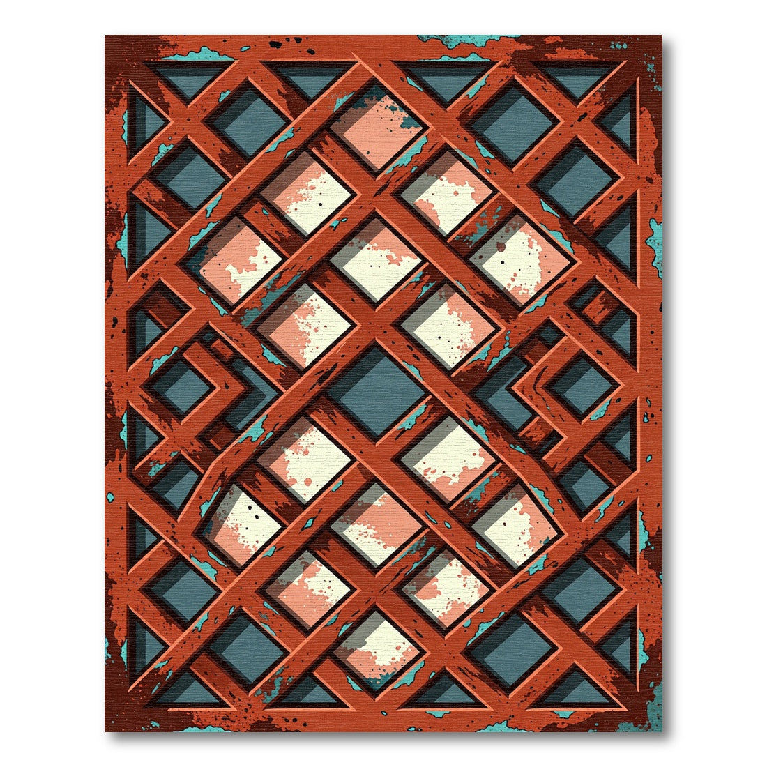 Distressed Copper Lattice Geometric Grid Rug