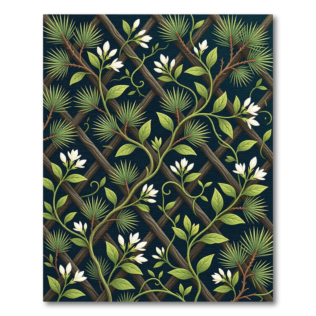 Dark Botanical Jasmine and Pine Trellis Rug