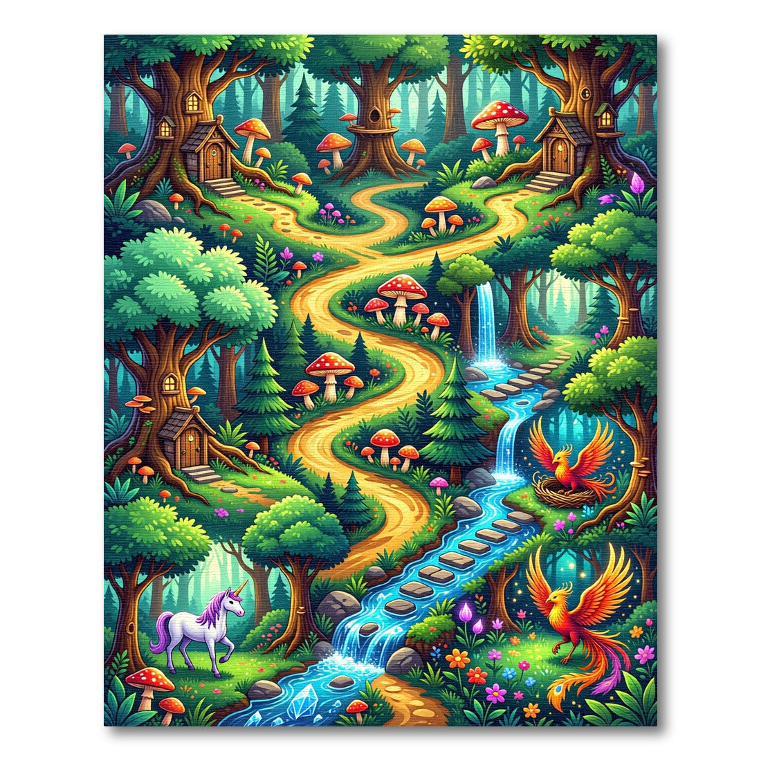 Whimsical Enchanted Forest Unicorn Phoenix Landscape Rug
