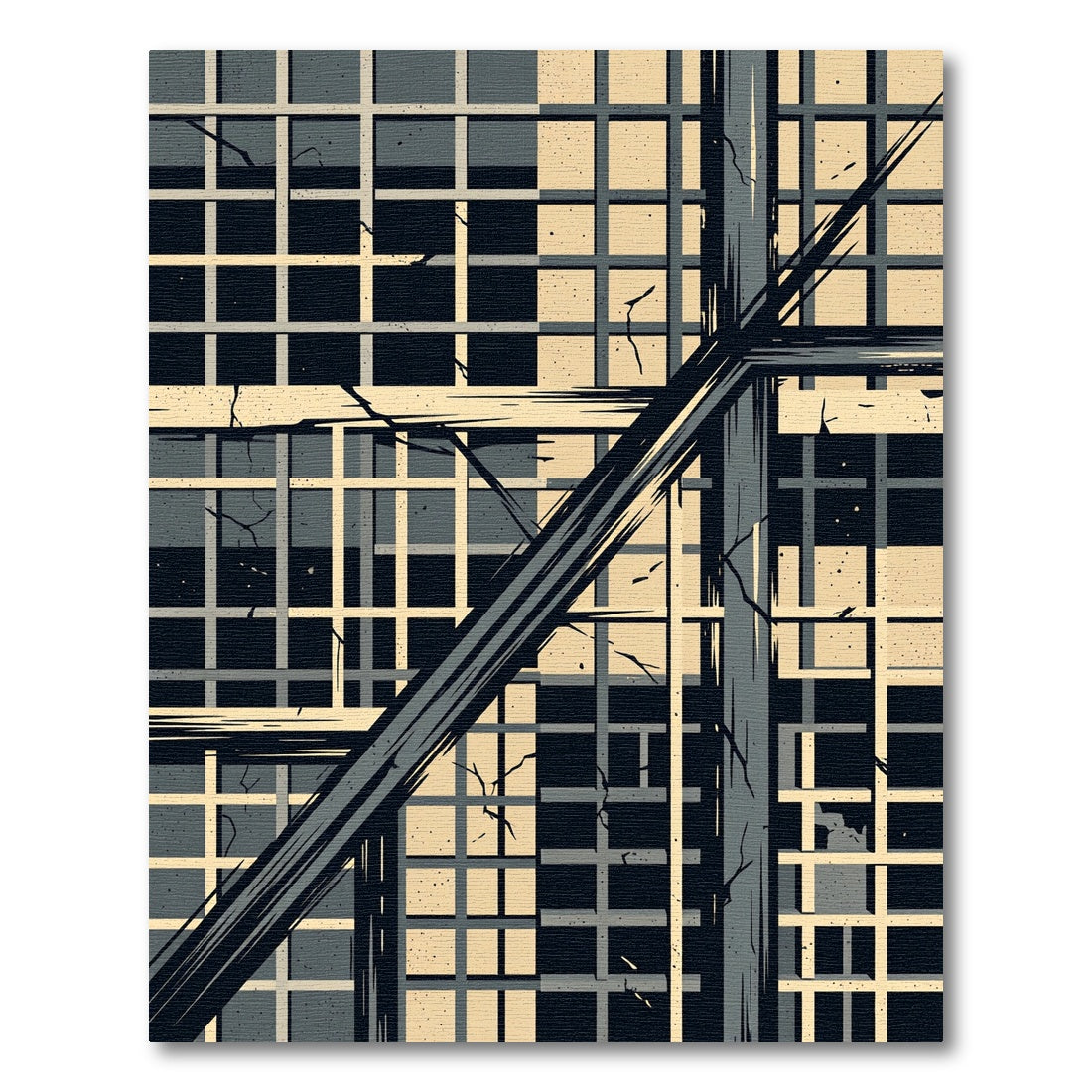 Abstract Charcoal Cream Geometric Linear Grid Rug