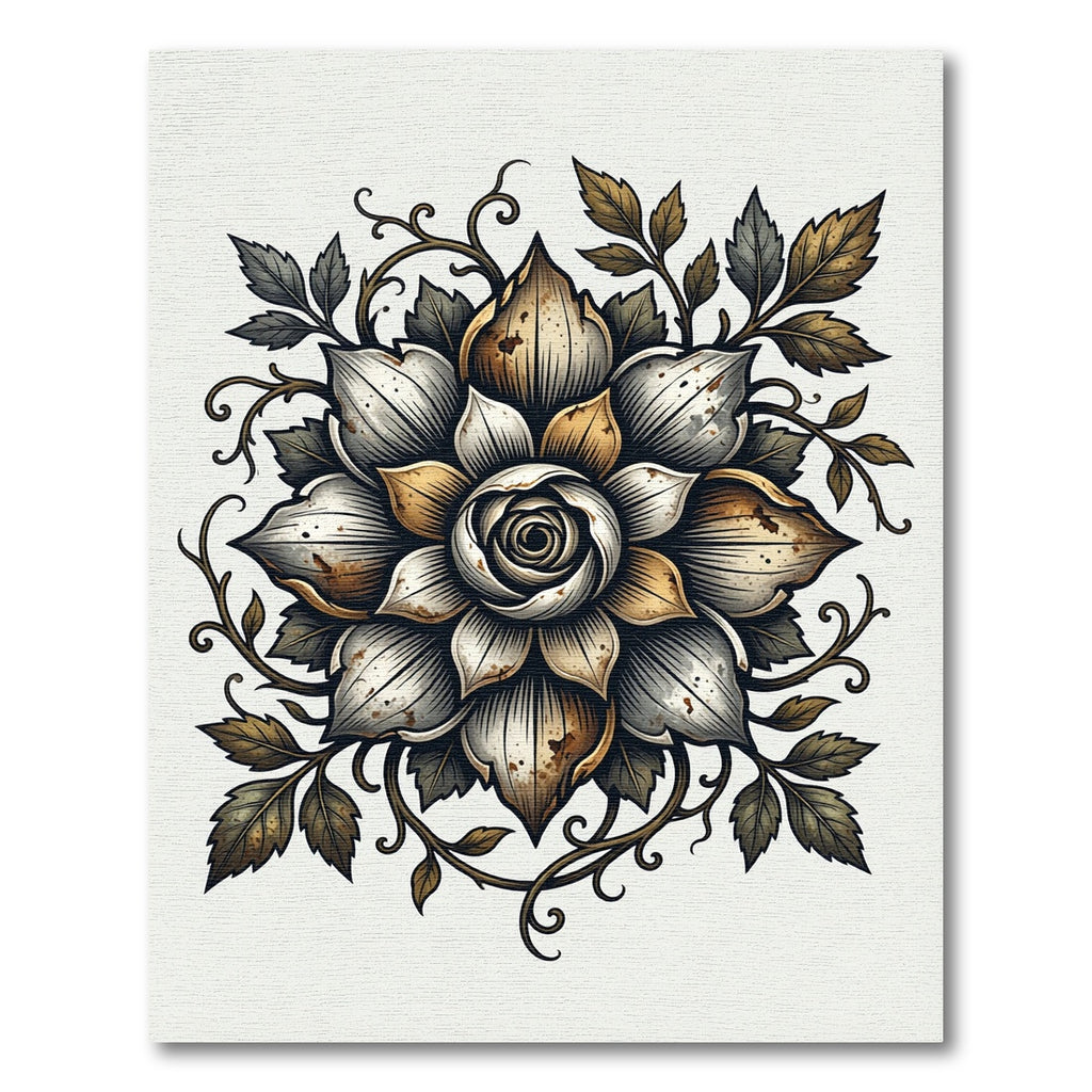 Antique Metallic Gold and Silver Rose Rug