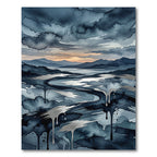 Moody Indigo Watercolor Landscape Runner Rug