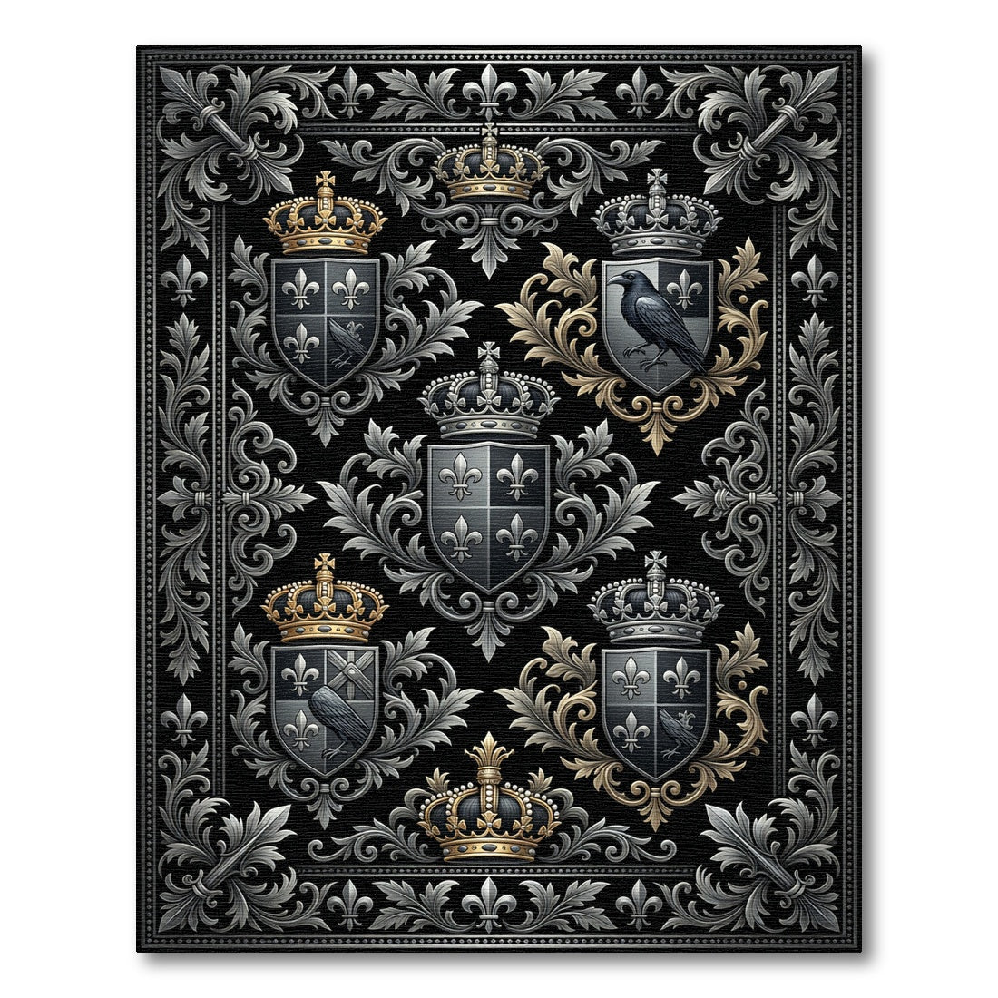 Regal Black Silver Gold Crest Collection Rug