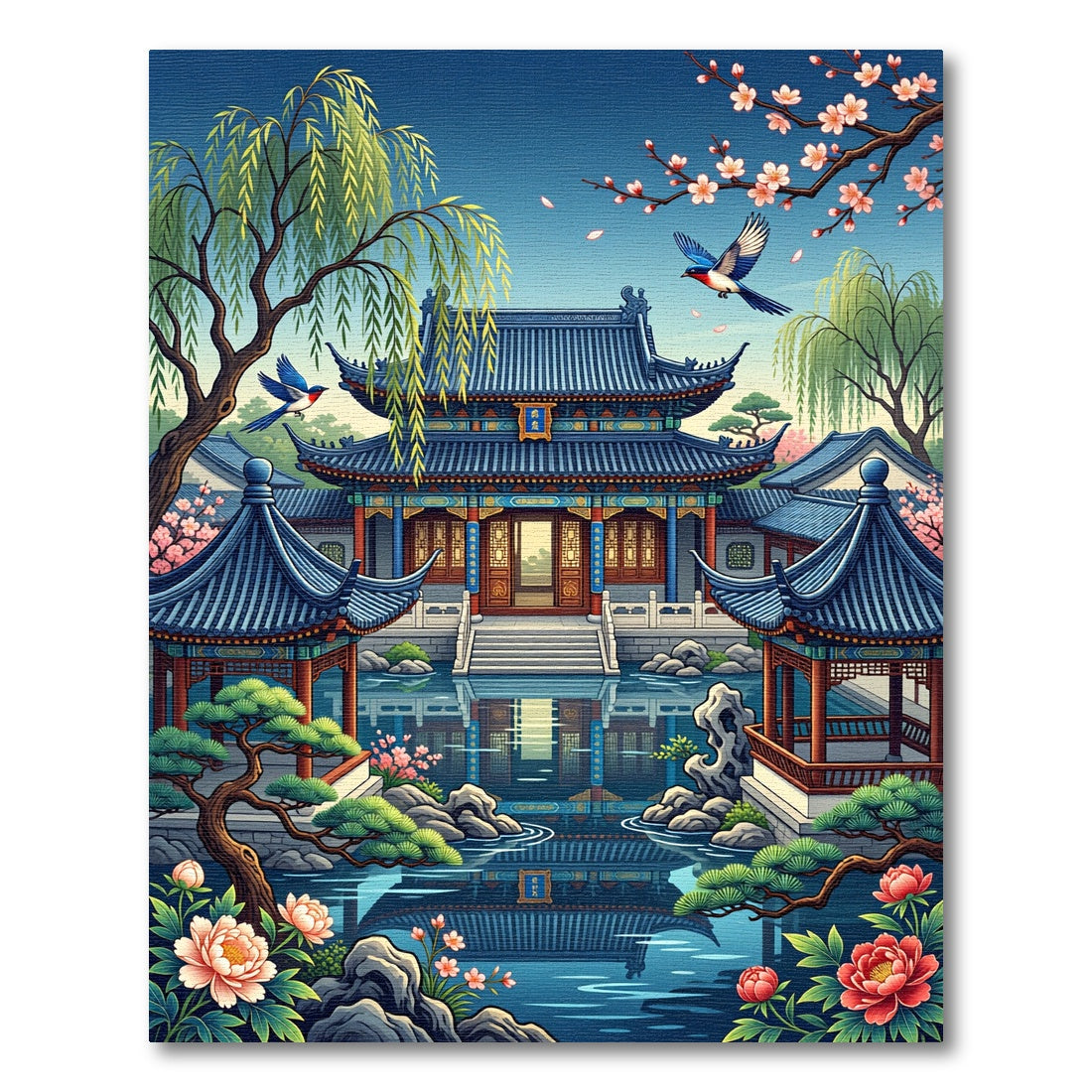 Serene Pagoda Garden with Blooming Peonies Rug