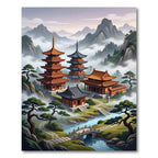 Mist-Covered Pagoda Mountain Landscape Tapestry Rug