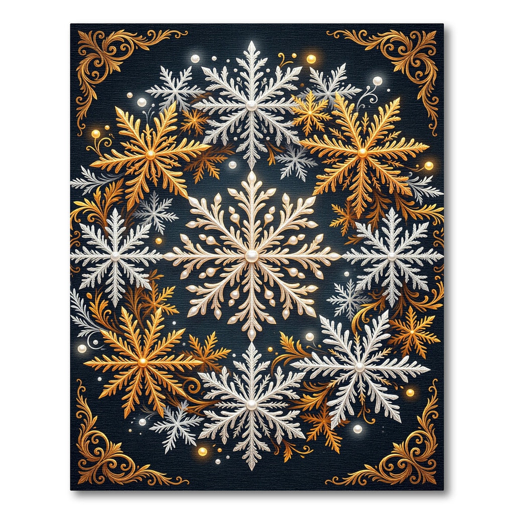 Elegant Gold and White Winter Snowflake Rug